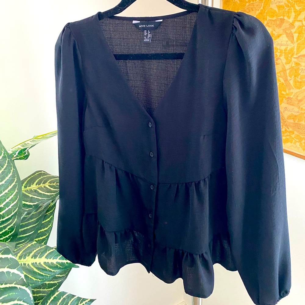 Tiered ruffled black button up top